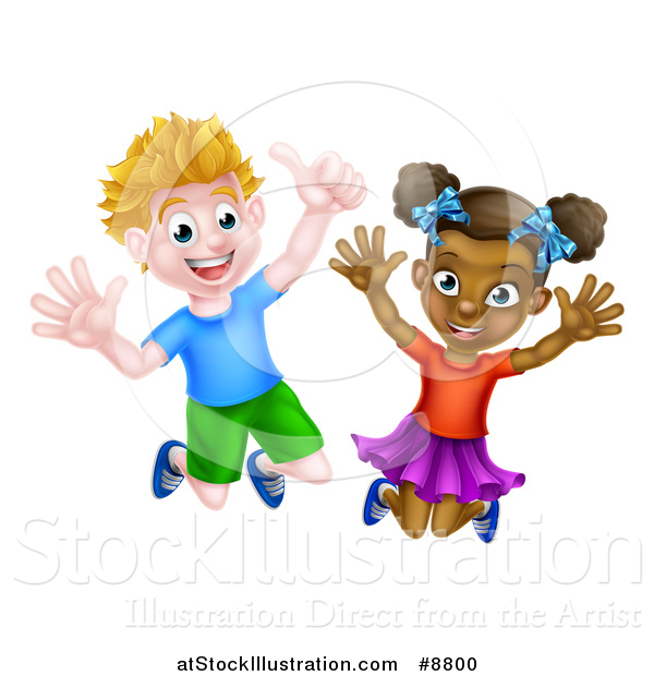 Vector Illustration of a Cartoon Happy Excited White Boy and Black Girl Jumping