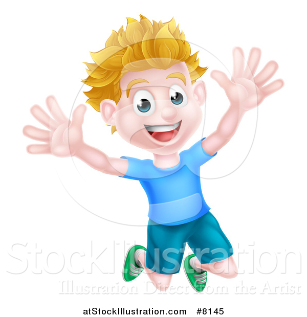Vector Illustration of a Cartoon Happy Excited White Boy Jumping
