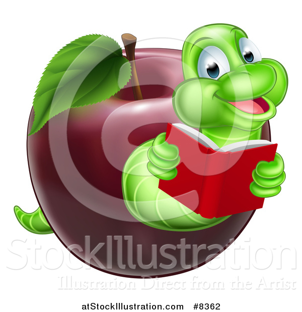 Vector Illustration of a Cartoon Happy Green Book Worm Reading and Emerging from a Red Apple