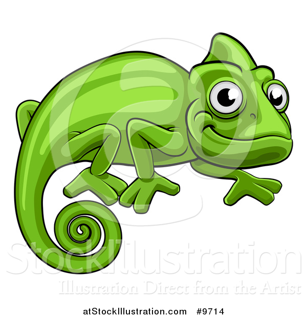 Vector Illustration of a Cartoon Happy Green Chameleon Lizard