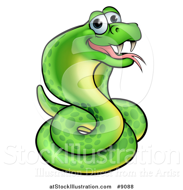 Vector Illustration of a Cartoon Happy Green Cobra Snake