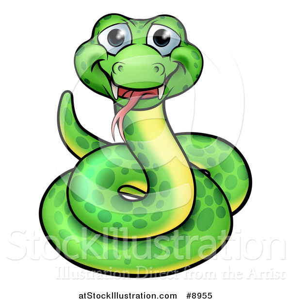 Vector Illustration of a Cartoon Happy Green Coiled Snake