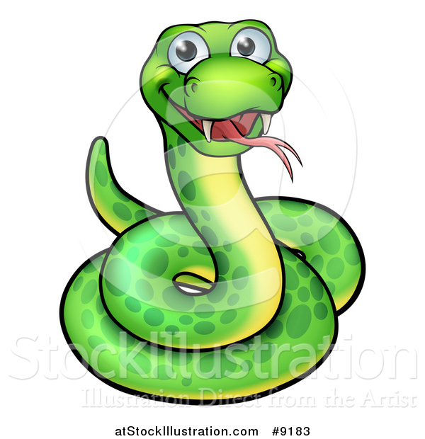 Vector Illustration of a Cartoon Happy Green Coiled Snake