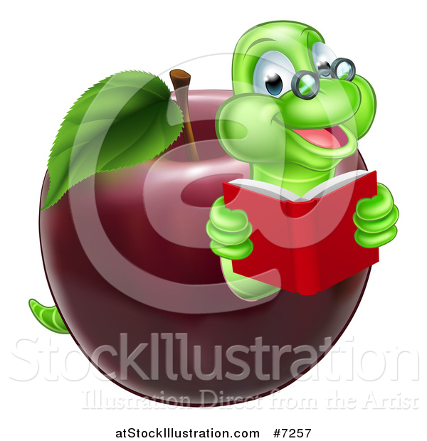 Vector Illustration of a Cartoon Happy Green Graduate Book Worm Reading and Emerging from a Red Apple