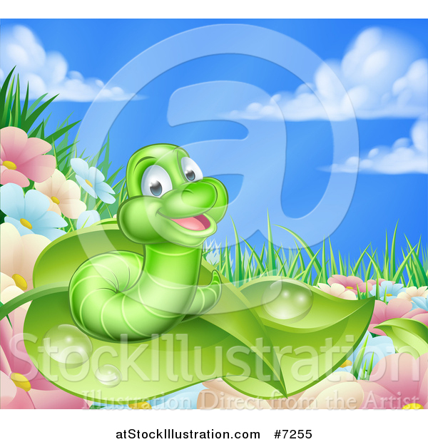 Vector Illustration of a Cartoon Happy Green Worm on a Leaf over Flowers in a Meadow