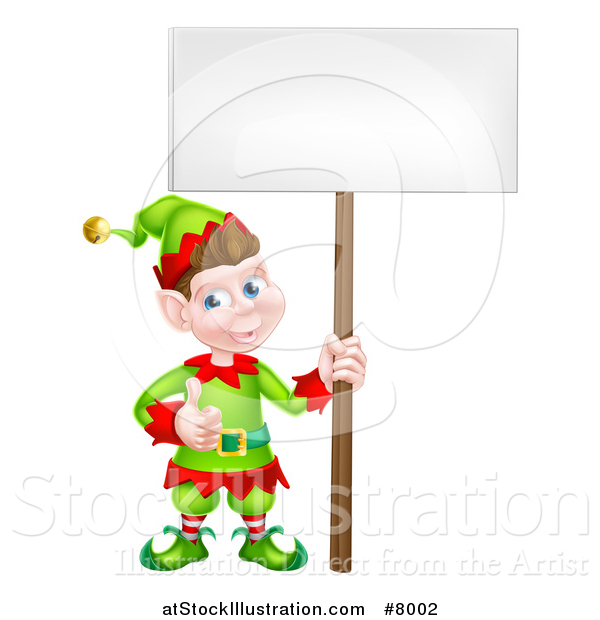 Vector Illustration of a Cartoon Happy Male Christmas Elf Giving a Thumb up and Holding a Blank Sign