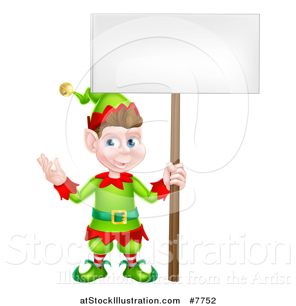 Vector Illustration of a Cartoon Happy Male Christmas Elf Holding a Blank Sign
