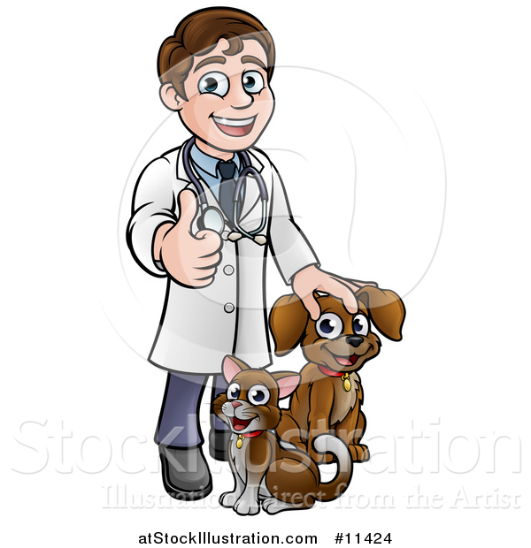 Vector Illustration of a Cartoon Happy May Veterinarian Giving a Thumb up and Standing with a Dog and Cat