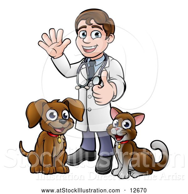 Vector Illustration of a Cartoon Happy May Veterinarian Standing with a Dog and Cat