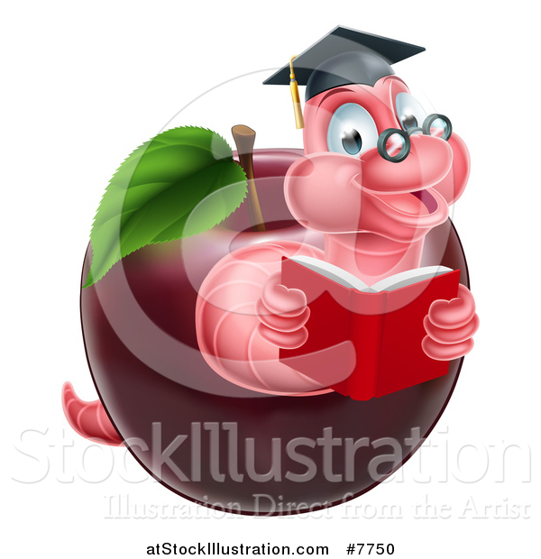 Vector Illustration of a Cartoon Happy Pink Graduate Book Worm Reading in a Red Apple