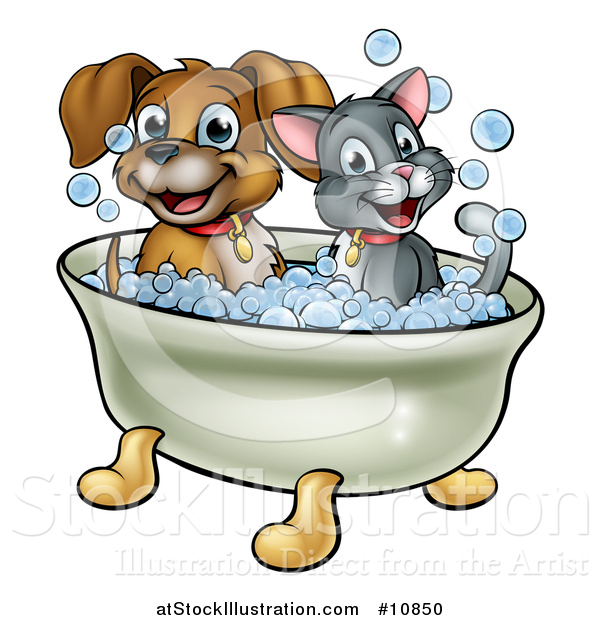 Vector Illustration of a Cartoon Happy Puppy Dog and Cat Soaking in a Bubble Bath