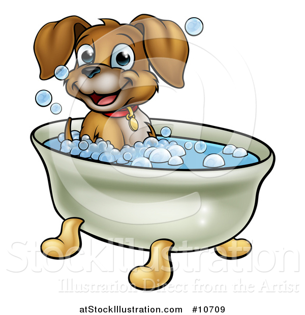 Vector Illustration of a Cartoon Happy Puppy Dog Soaking in a Bubble Bath