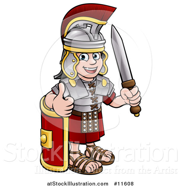 Vector Illustration of a Cartoon Happy Roman Soldier Giving a Thumb Up, Holding a Sword and Leaning on a Shield