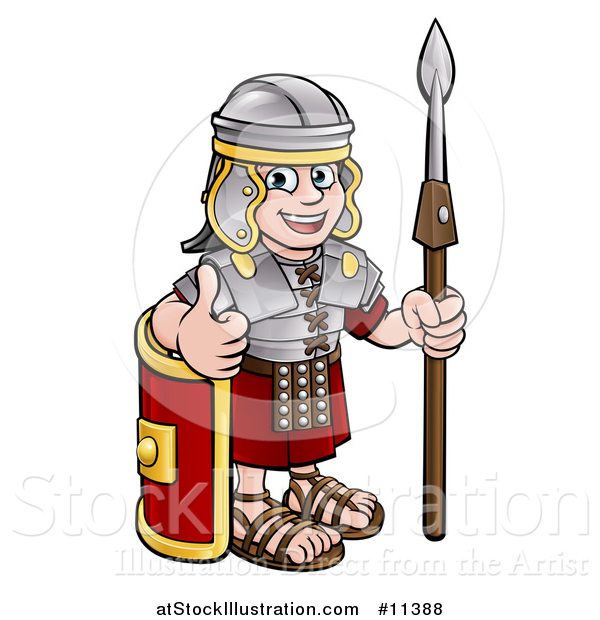 Vector Illustration of a Cartoon Happy Roman Soldier Holding a Spear