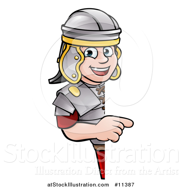 Vector Illustration of a Cartoon Happy Roman Soldier Pointing Around a Sign