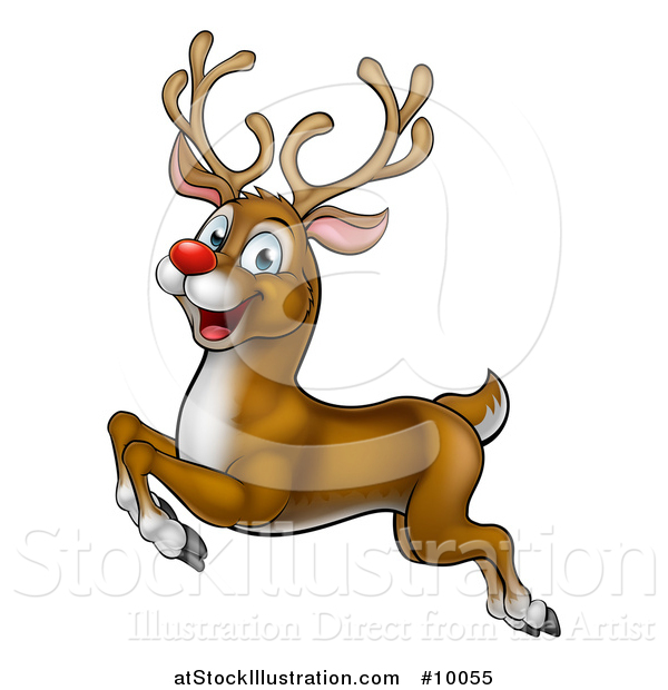 Vector Illustration of a Cartoon Happy Rudolph Red Nosed Reindeer Leaping or Flying