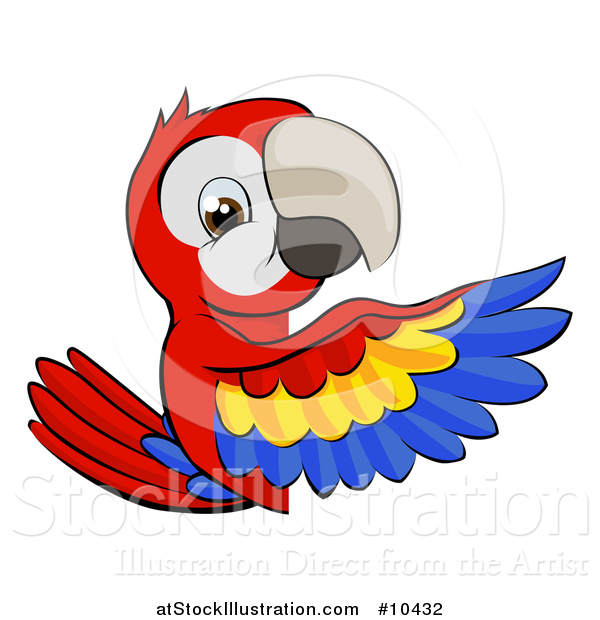 Vector Illustration of a Cartoon Happy Scarlet Macaw Parrot Pointing Around a Sign