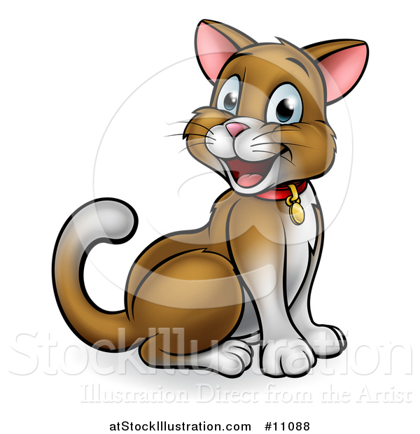 Vector Illustration of a Cartoon Happy Sitting Brown and White Kitty Cat