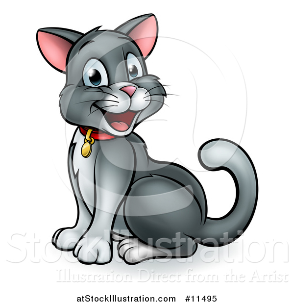 Vector Illustration of a Cartoon Happy Sitting Gray and White Kitty Cat