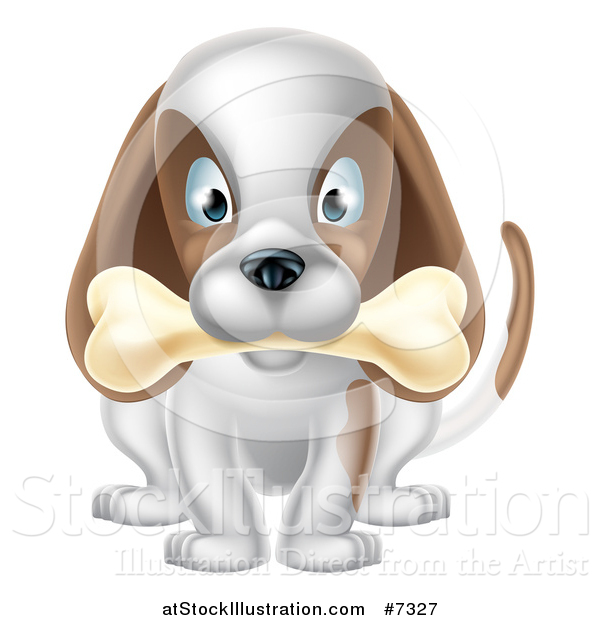 Vector Illustration of a Cartoon Happy White and Brown Dog Sitting with a Bone in His Mouth