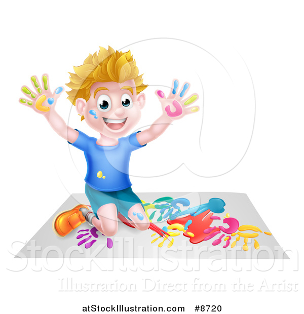 Vector Illustration of a Cartoon Happy White Boy Kneeling and Hand Painting Artwork