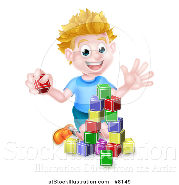 Vector Illustration of a Cartoon Happy White Boy Playing with Toy Blocks