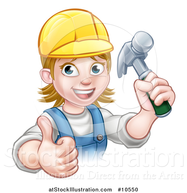 Vector Illustration of a Cartoon Happy White Female Carpenter Holding up a Hammer and Giving a Thumb up
