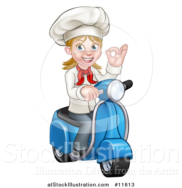 Vector Illustration of a Cartoon Happy White Female Chef Gesturing Ok and Riding a Scooter