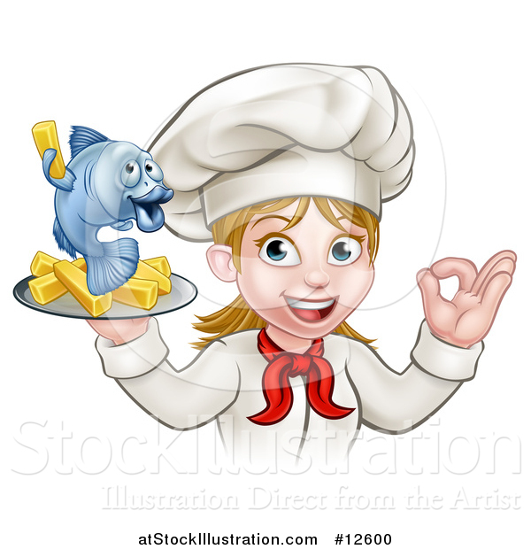 Vector Illustration of a Cartoon Happy White Female Chef Gesturing Perfect and Holding a Fish and Chips Tray
