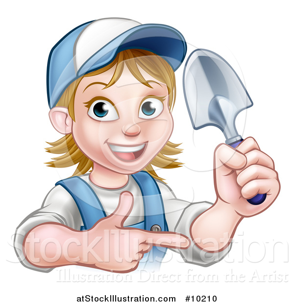 Vector Illustration of a Cartoon Happy White Female Gardener in Blue, Holding a Garden Trowel and Pointing