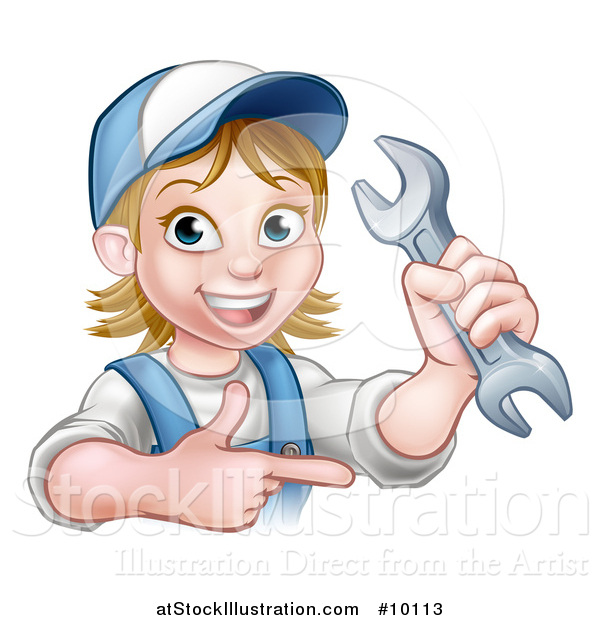 Vector Illustration of a Cartoon Happy White Female Mechanic Holding up a Wrench and Pointing