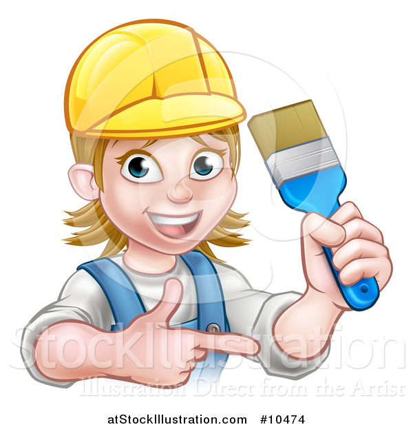 Vector Illustration of a Cartoon Happy White Female Painter Holding up a Brush and Pointing