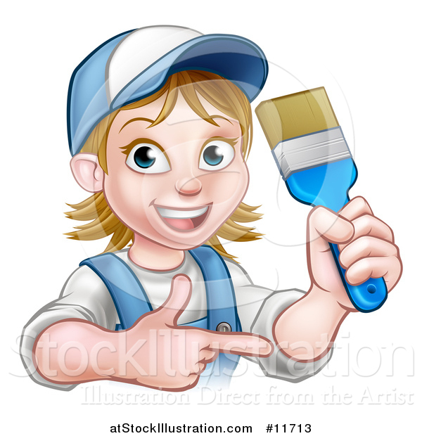 Vector Illustration of a Cartoon Happy White Female Painter Holding up a Brush and Pointing