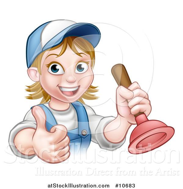 Vector Illustration of a Cartoon Happy White Female Plumber Giving a Thumb up and Holding a Plunger