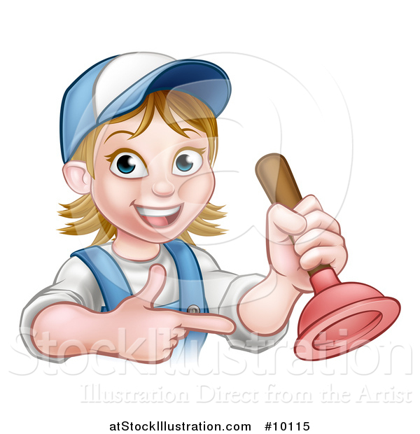 Vector Illustration of a Cartoon Happy White Female Plumber Holding a Plunger and Pointing