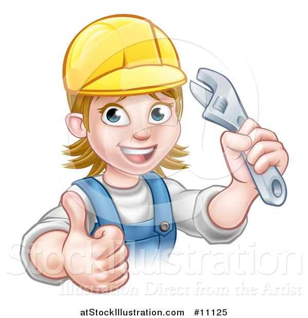 Vector Illustration of a Cartoon Happy White Female Plumber Holding an Adjustable Wrench and Giving a Thumb up