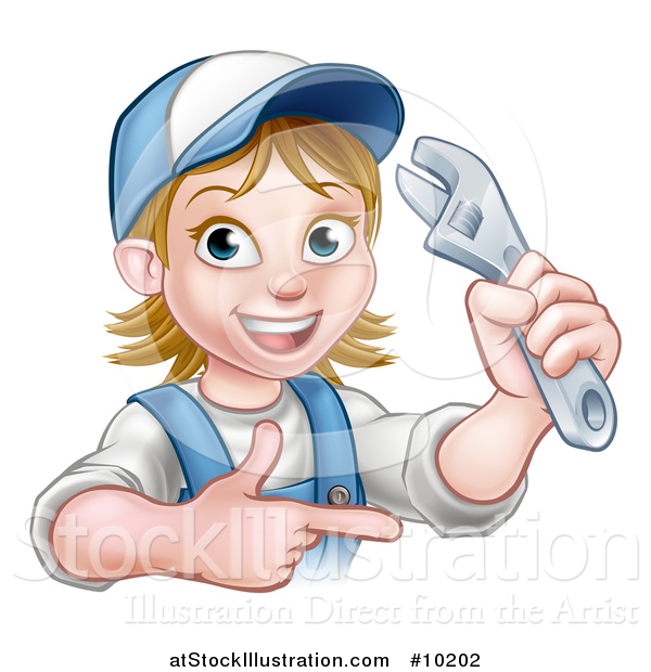 Vector Illustration of a Cartoon Happy White Female Plumber Holding an Adjustable Wrench and Pointing