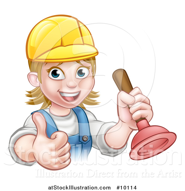 Vector Illustration of a Cartoon Happy White Female Plumber Wearing a Hard Hat, Giving a Thumb up and Holding a Plunger