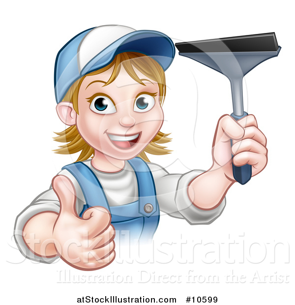 Vector Illustration of a Cartoon Happy White Female Window Cleaner in Blue, Giving a Thumb up and Holding a Squeegee