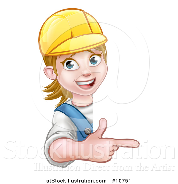 Vector Illustration of a Cartoon Happy White Female Worker Wearing a Hardhat and Pointing Around a Sign