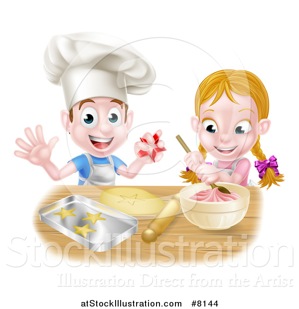 Vector Illustration of a Cartoon Happy White Girl and Boy Making Frosting and Star Cookies