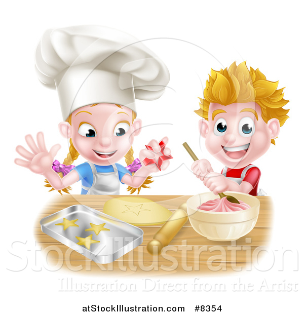 Vector Illustration of a Cartoon Happy White Girl and Boy Making Frosting and Star Shaped Cookies