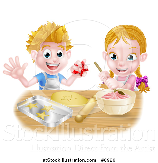 Vector Illustration of a Cartoon Happy White Girl and Boy Making Pink Frosting and Star Shaped Cookies