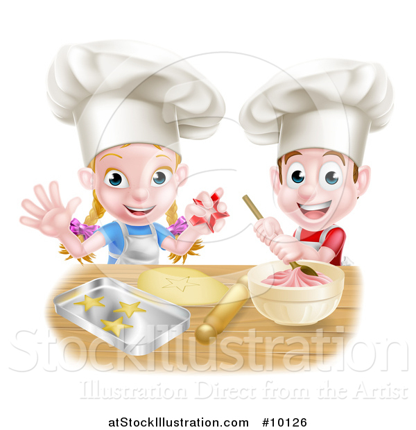 Vector Illustration of a Cartoon Happy White Girl and Boy Wearing Toque Hats, Making Pink Frosting and Star Shaped Cookies