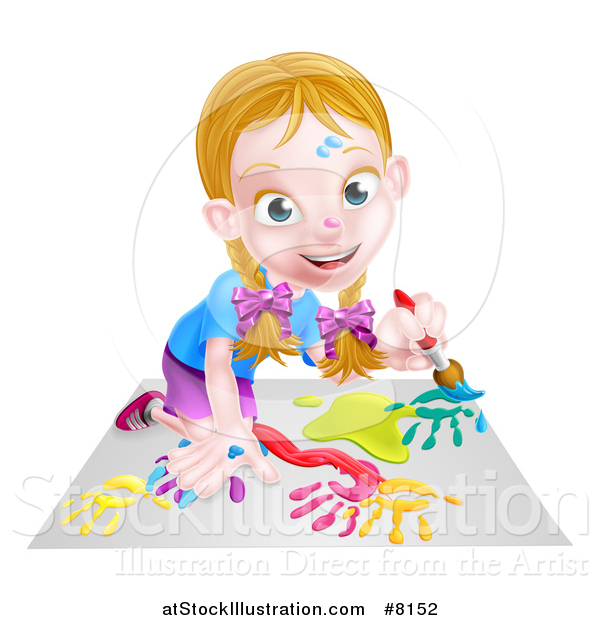 Vector Illustration of a Cartoon Happy White Girl Kneeling and Painting Artwork
