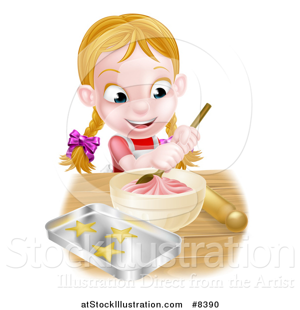 Vector Illustration of a Cartoon Happy White Girl Making Pink Frosting and Star Cookies