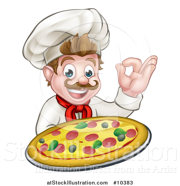 Vector Illustration of a Cartoon Happy White Male Chef Gesturing Perfect and Holding up a Pizza