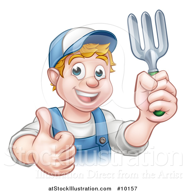 Vector Illustration of a Cartoon Happy White Male Gardener in Blue, Holding a Garden Fork and Giving a Thumb up over a Sign