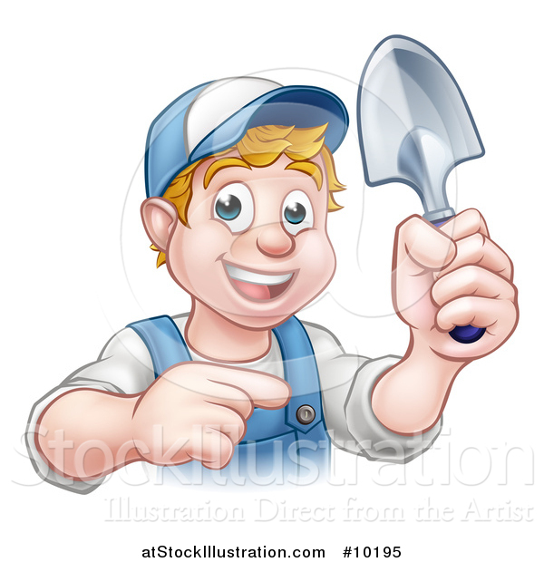 Vector Illustration of a Cartoon Happy White Male Gardener in Blue, Holding a Garden Trowel and Pointing
