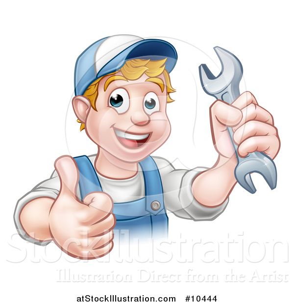 Vector Illustration of a Cartoon Happy White Male Mechanic Holding a Spanner Wrench and Giving a Thumb up